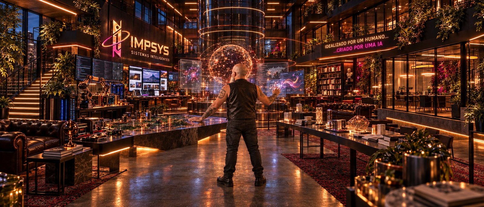 Eduardo Carvalho, de costas, num estúdio de tecnologia: monitores com código e sites, braço robótico, maquete iluminada, globo de luz, painéis holográficos, estante de livros, cristais, sofá e sala de vidro. Letreiros: IMPSYS Sistemas inteligentes; Idealizado por um humano... criado por uma IA.